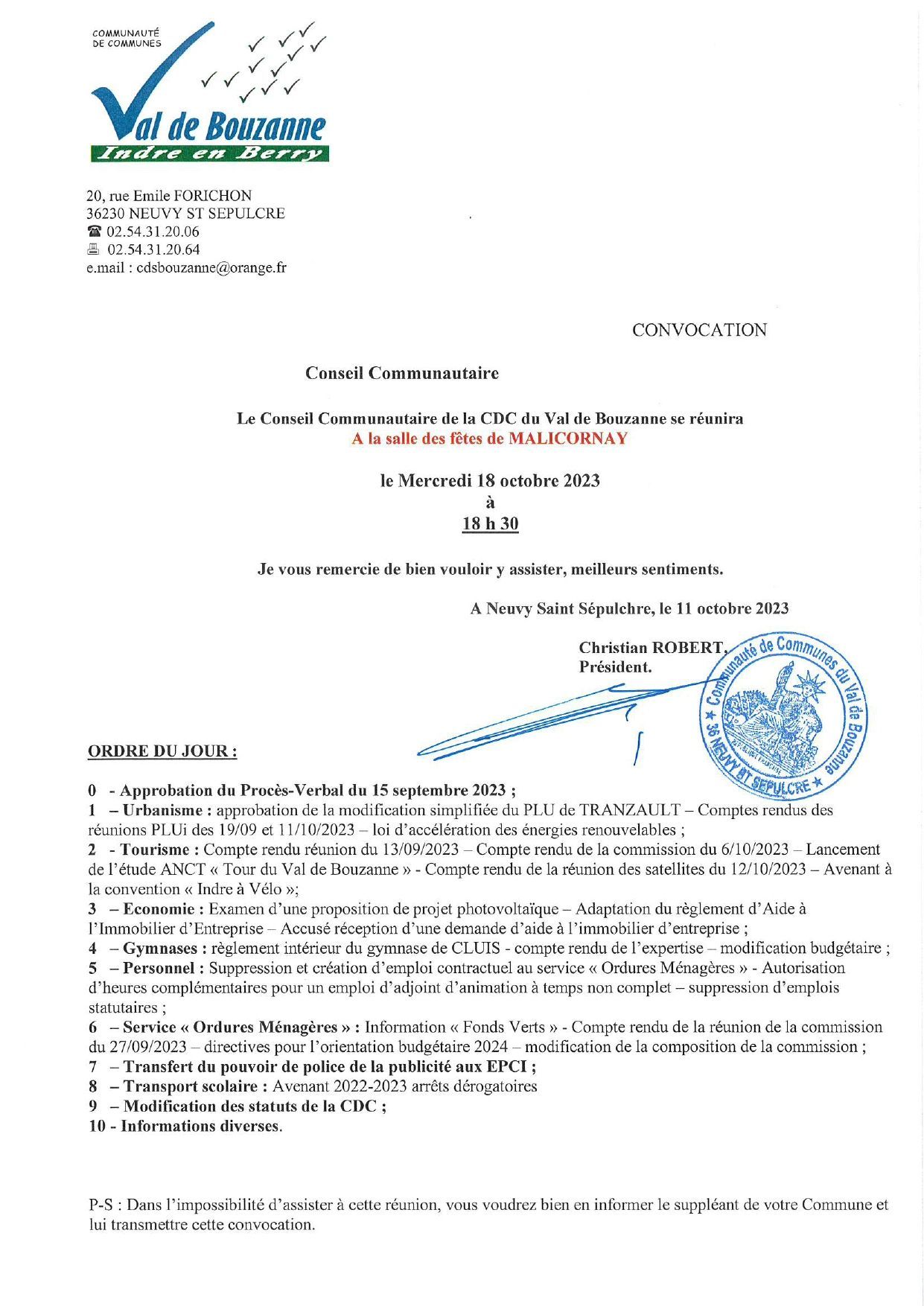 Conseil Communautaire de la CDC du Val de Bouzanne - 15 Septembre 2023