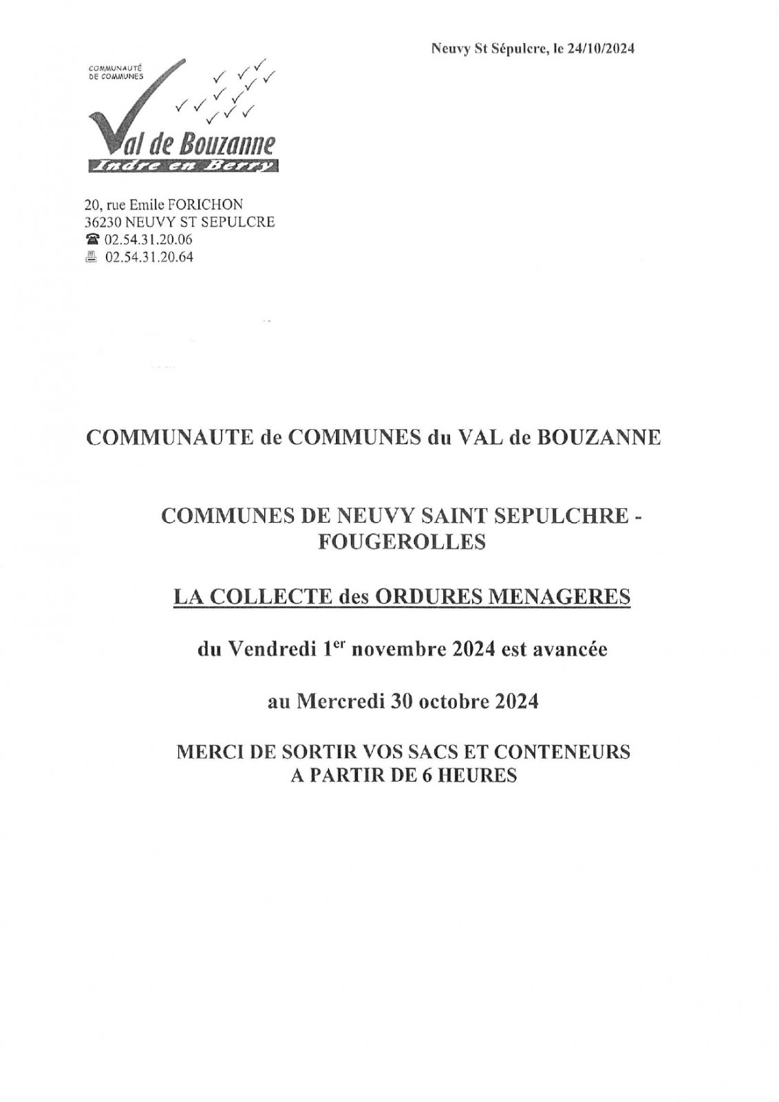 RAMASSAGE OM ET JOURS FERIES NOVEMBRE 2024