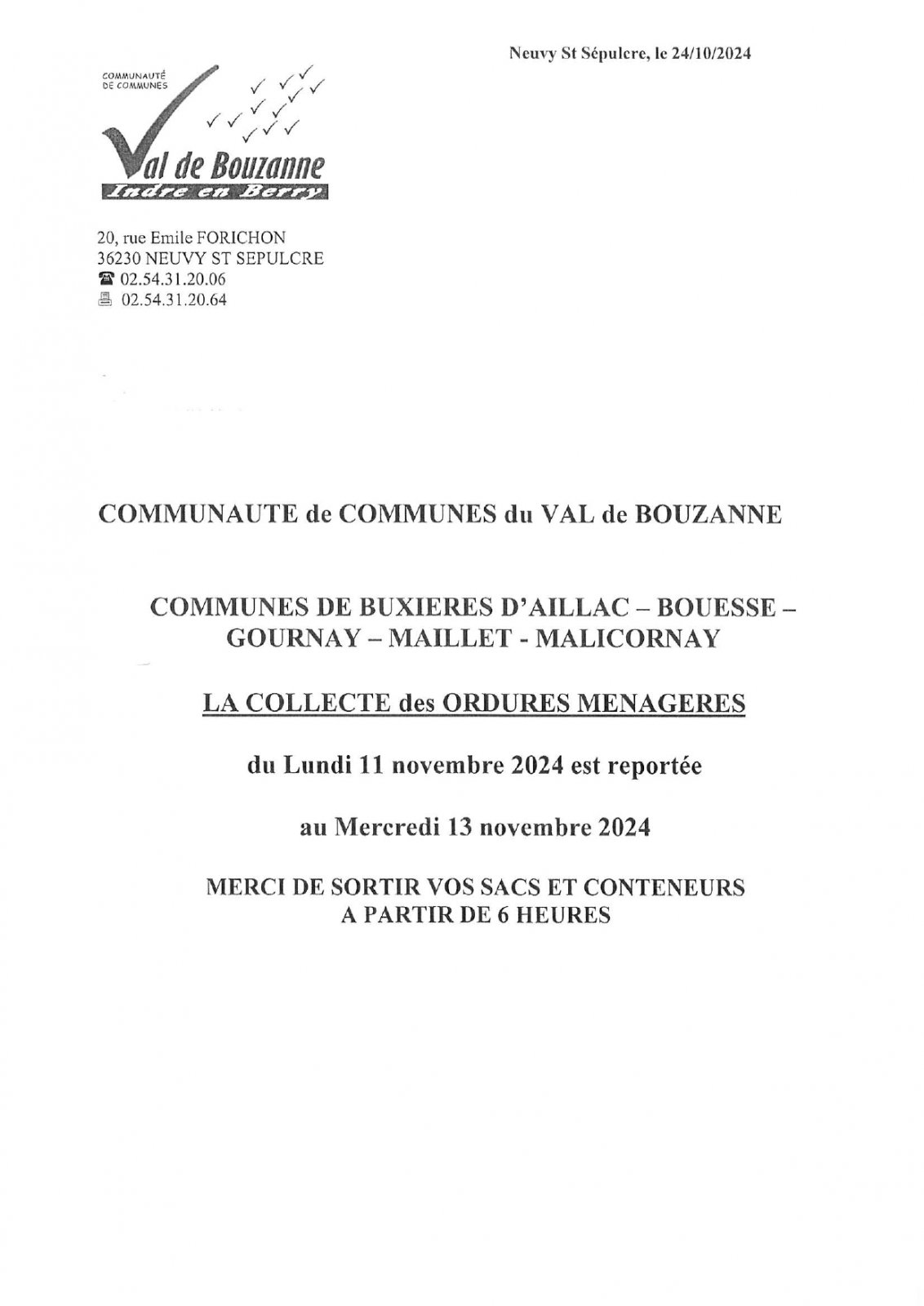 RAMASSAGE OM ET JOURS FERIES NOVEMBRE 2024