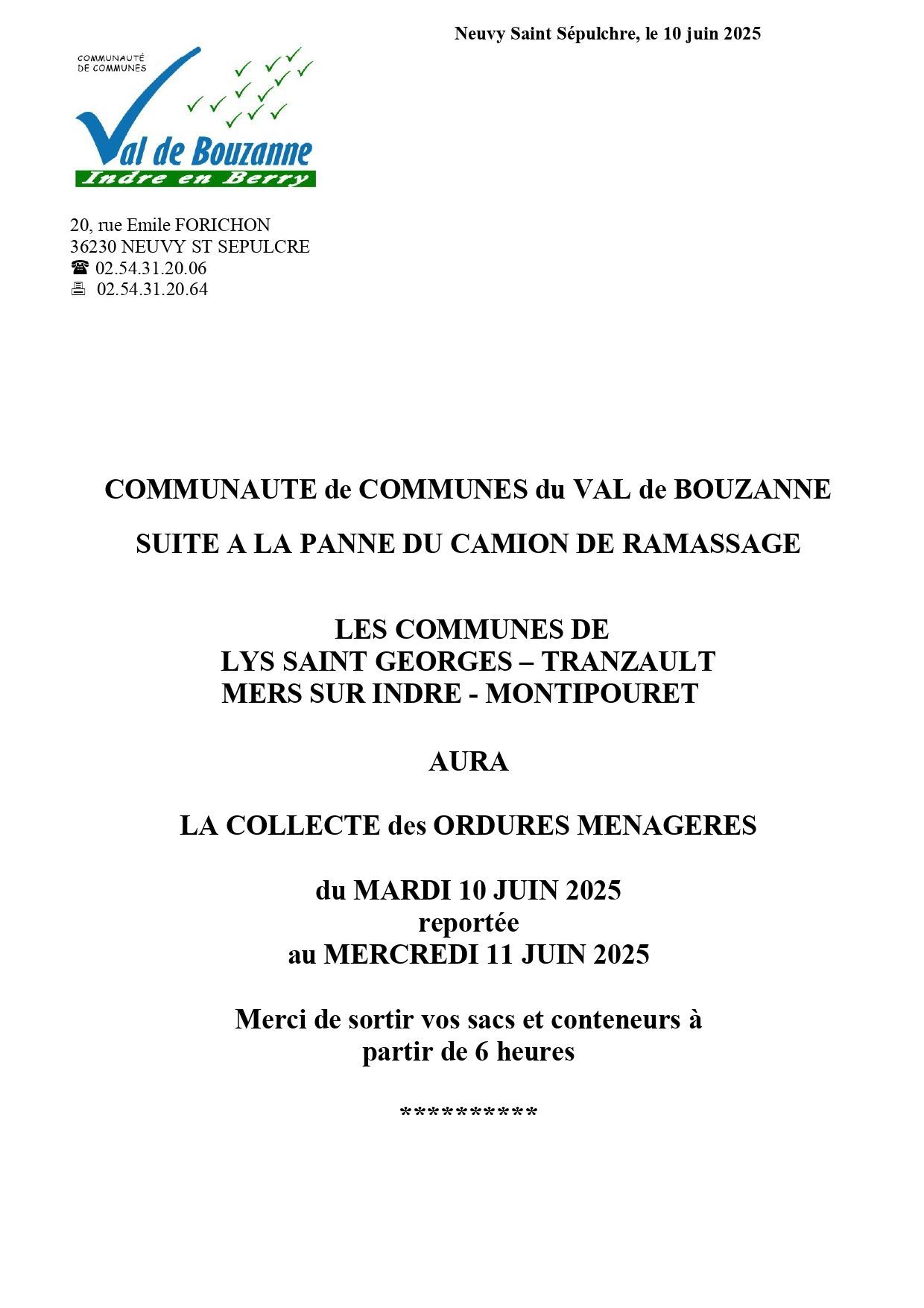 REPORT RAMASSAGE DU TRI DU MARDI 10 JUIN 2025 AU MERCREDI 11 JUIN 2025