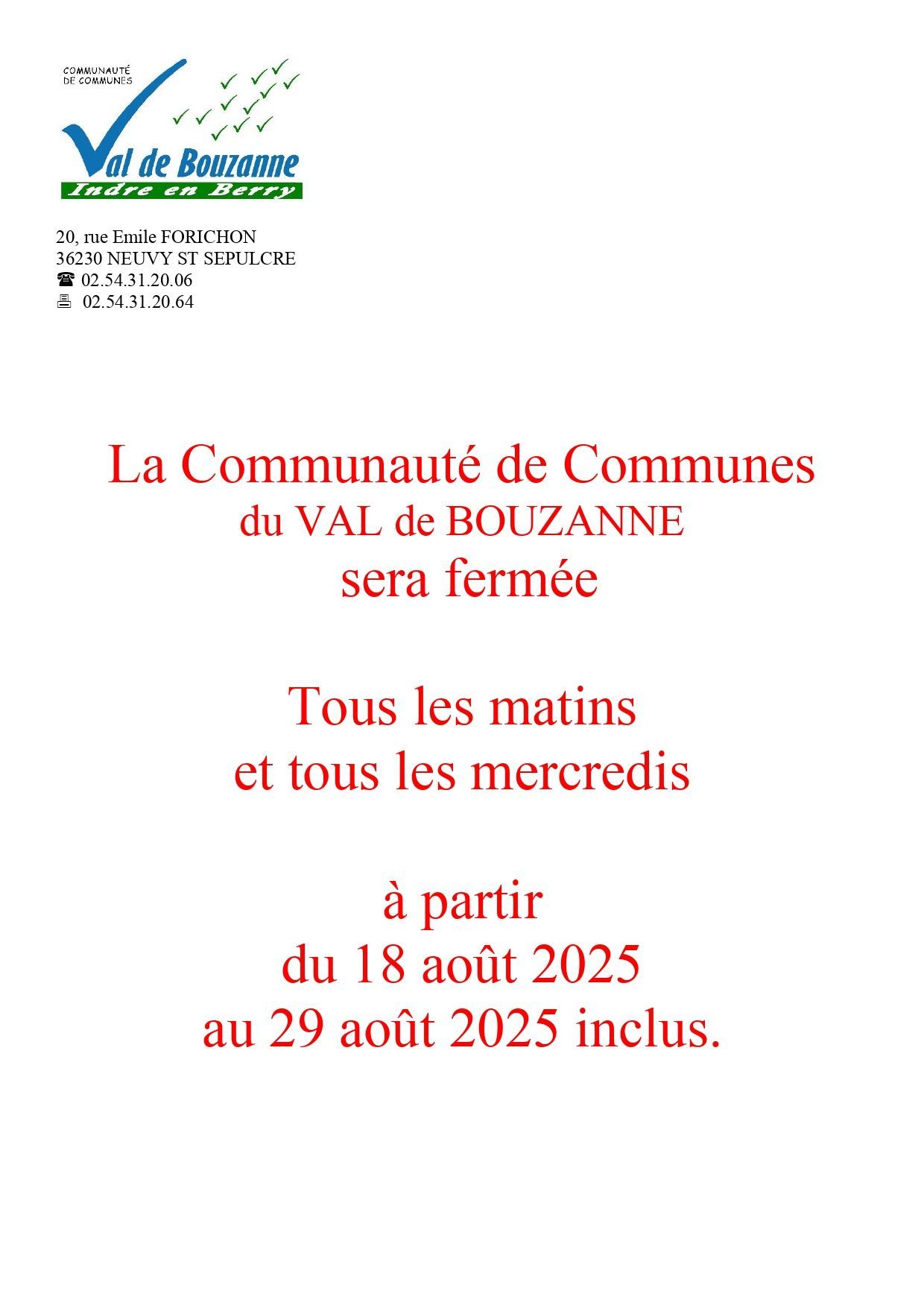 Fermeture de la CDC du Val de Bouzanne