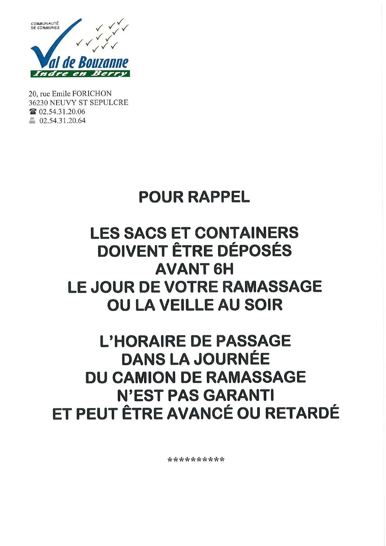 RAPPEL CONSIGNE DE SORTIE DES SACS ET CONTAINERS POUR RAMASSAGE