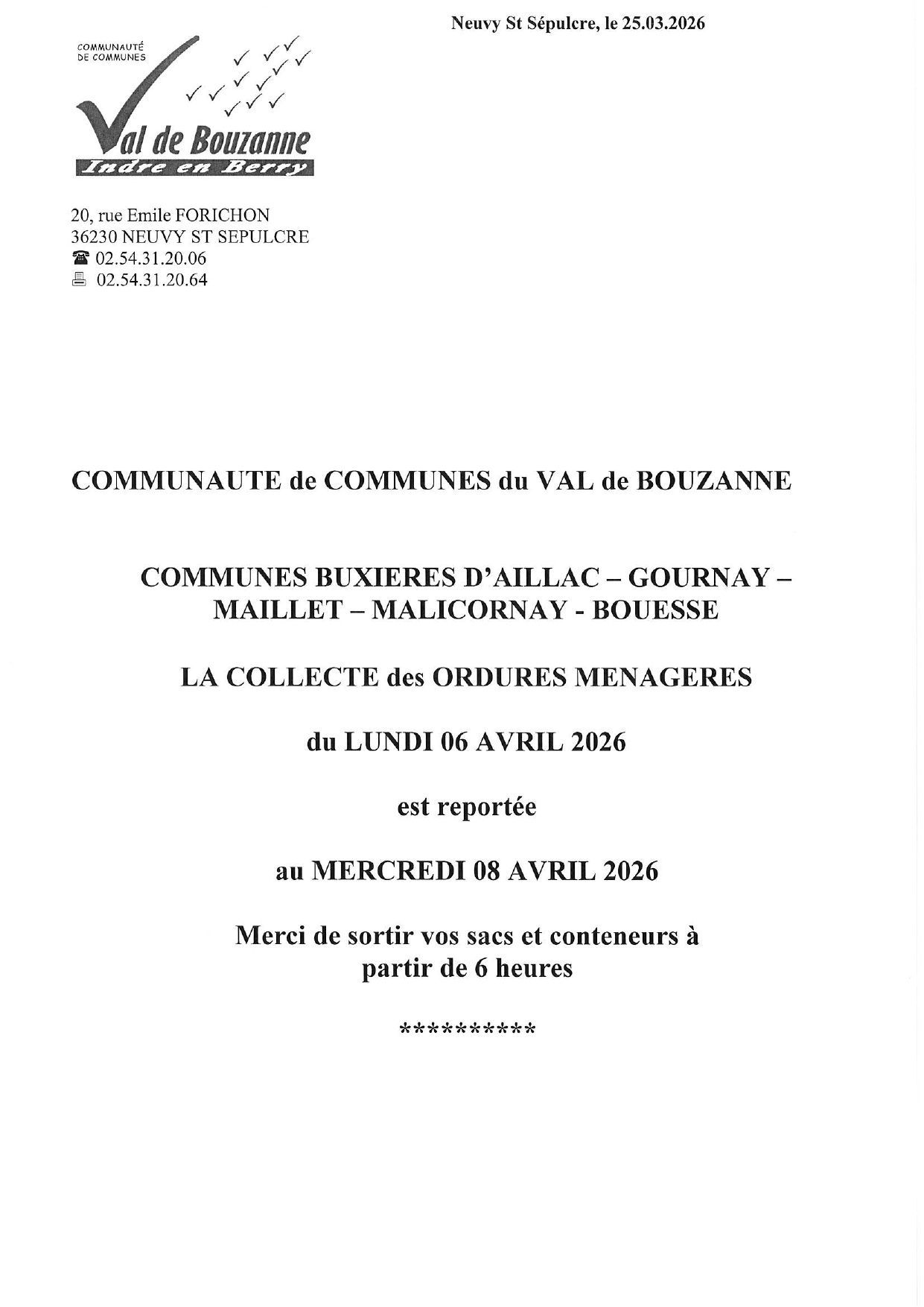 JOUR FERIE - RAMASSAGE DU 06.04.2026 reporté au 08.04.2026