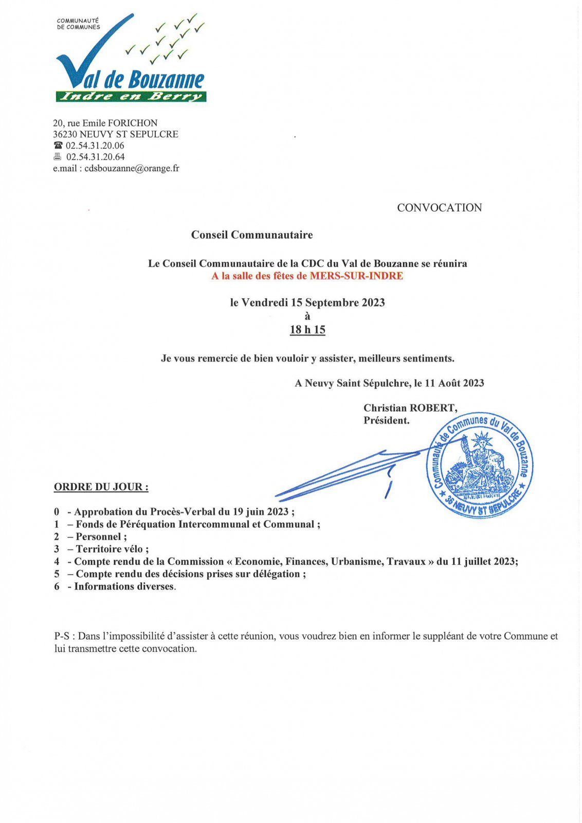 Conseil Communautaire de la CDC du Val de Bouzanne - 18 octobre 2023